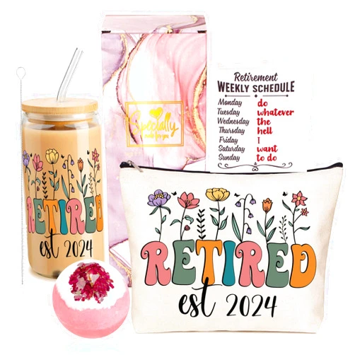 JoycuFF Retirement Gifts for Women 2024 Happy Retirement Gifts for Coworker Teacher Nurse Retired Friends Mom Boss Best Retirement Gifts Set With 16oz Glass Cup