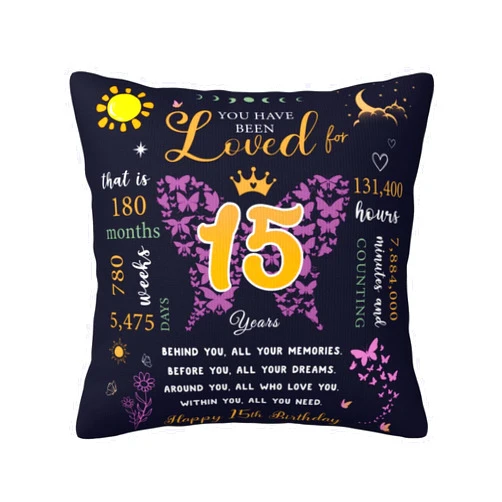 Skizbcw 15th Birthday Gifts for Teen Girls, 15th Birthday Decorations for Girls, 15 Year Old Girl Gift Ideas, 15 Quinceanera Gifts Throw Pillow Covers 18×18 Inches