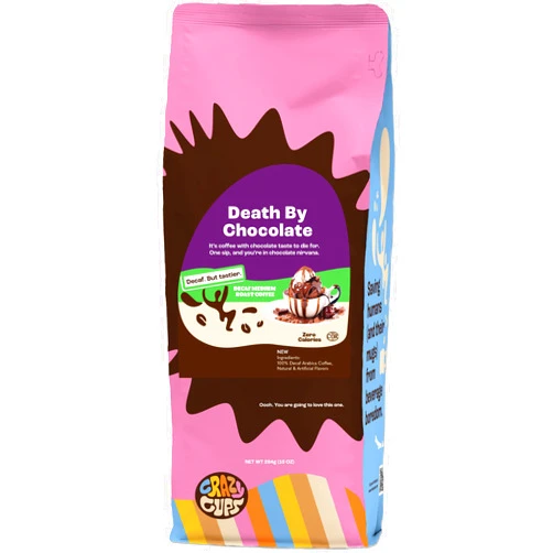 Crazy Cups Flavored Ground Decaf Chocolate Coffee, Decaffeinated Death By Chocolate Coffee in 10 oz Bag, For Brewing Flavored Hot or Iced Coffee, (Pack of 1)