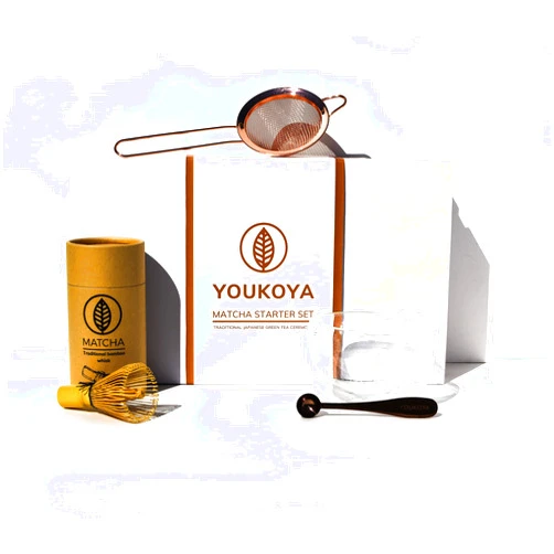 Youkoya Matcha Traditional Starter Set, 4 Pieces, Double-Walled Glass Bowl, Rose Gold Sifter, Bamboo Whisk Chasen, 1g Measuring Spoon for Preparing Matcha