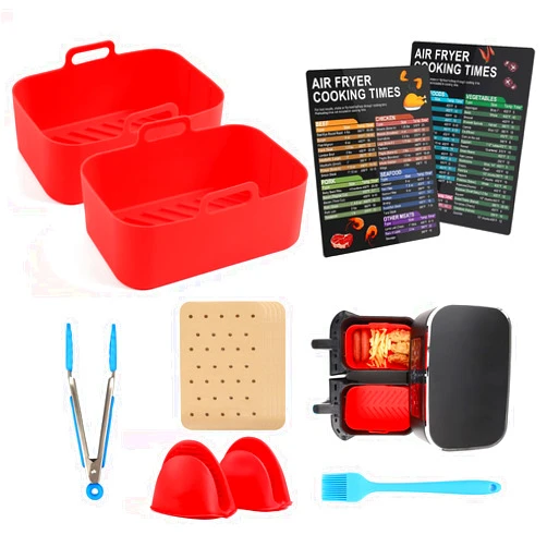 CUTIECLUB 2pcs Silicone Pot and 100pcs Disposable Liners Paper Set for Ninja DualZone XL/Dual Air Fryer, Rectangle Basket with Finger Holder and Clip
