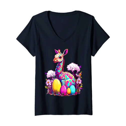 The Beautiful Easter Animal Art Shop Womens Egg-citing Easter tops with delightful Giraffe animal Art V-Neck T-Shirt