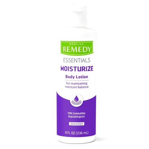 Medline Remedy Essential Moisturizing Body Lotion (8 oz Bottle), 36 Count, Unscented, Hydrating, Soothing For Dry Skin, Smooths & Softens, Non-Greasy, Hypoallergenic, Men, Women, Elderly