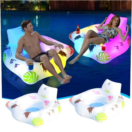 DeeprBlu 2 Pack Inflatable Pool Floats Chair with Color Changing Lights, Solar Powered with 2 Cup Holders & 2 Handles, Large Pool Lounger Float Beach Float, Fun Pool Float Raft for Adults