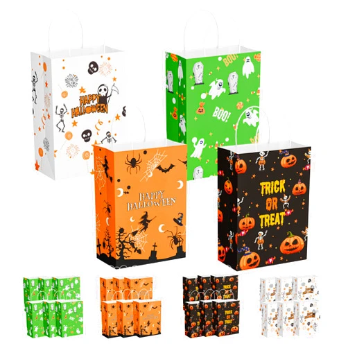 Hordely 24PCS Halloween Kraft Trick or Treating Bags with Handles, Paper Halloween Goodie Candy Gift Bags for Kids, Reusable Bulk Halloween Party Small Goody Bags, 5.90 * 3.15 * 8.27Inch