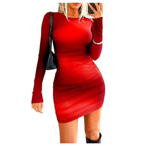 Milumia Women's Tie Dye Ruched Round Neck Long Sleeve Dress Bodycon Mini Dresses