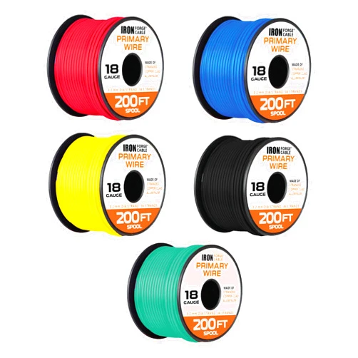 Iron Forge Cable 18 Gauge Automotive Wire - 5 Roll Assortment Pack - 200 Ft of Copper Clad Primary Wire per Roll, 18 Gauge Wire 200 Ft Stranded Copper Clad Aluminium Auto Wire