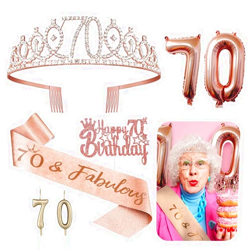 KENJOVIVO 70th Birthday Decorations for Her - 5pcs Gifts Including 70th Tiara Crown, Sash, Cake Toppers, Balloons, Birthday Candles, 70 Birthday Gifts for Women