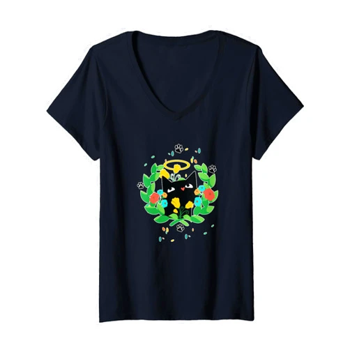 Visit The Feline Serenity Apparel Womens CUTE BLACK ANGEL CAT HALO KITTEN SPRING GREEN WREATH Cute V-Neck T-Shirt