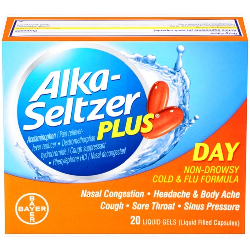 Alka-Seltzer Plus Maximum Strength Cold & Flu Medicine, Day, Liquid Gels for adults with Pain Reliever/Fever Reducer, Cough Suppressant, Nasal Decongestant, 20 Count