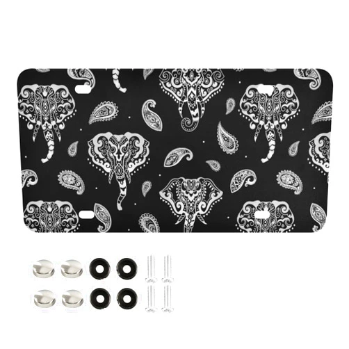 Poeticcity Silver White Indian Aztec Tattoo Tribal Ornament Elephants on Dark 2 PCs Metal License Plate, Car Auto Vanity Tag, Aluminum License Cover Holder Fit for US Canada Standard 12x6 in with Screws