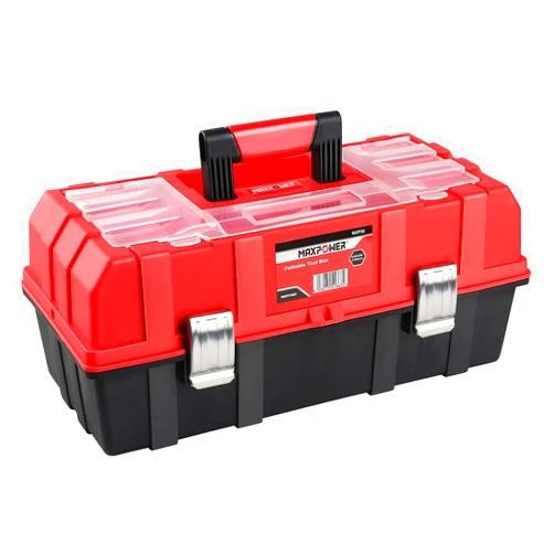 MAXPOWER 16-Inch Tool Box, Three-Layer Folding Plastic Storage Toolbox, Multi-Function Organizer with Tray and Dividers, Tools Box with Stainless Steel Lock