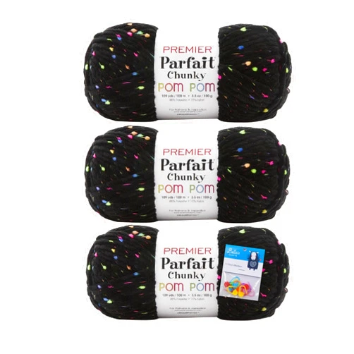 Bella's Crafts Premier Yarns Parfait Chunky Pom Pom Yarn - 3.5 Oz - #6 Super Bulky - 3 Pack Bundle with Bella's Crafts Stitch Markers (Neon Nights)
