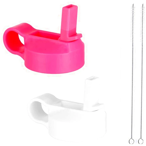 Top Souls Wide Mouth Straw Lids Compatible with Most Sports Water Bottles, 2 Lids 2 Long Straws 2 Brushes in 1 Value Pack. (Flamingo/White)