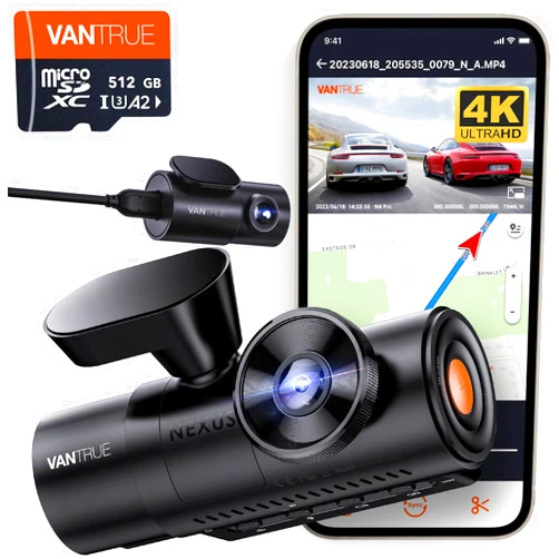 VANTRUE [ Bundle-2 Items: Vantrue N4 Pro 4K 3CH + Vantrue 512GB SD Card ] True 4K Wi-Fi 3-Channel Dashcam, STARVIS 2 IMX678 Night Vision, Infrared Cabin Camera, Voice Control GPS Car Cam for for Uber Drivers