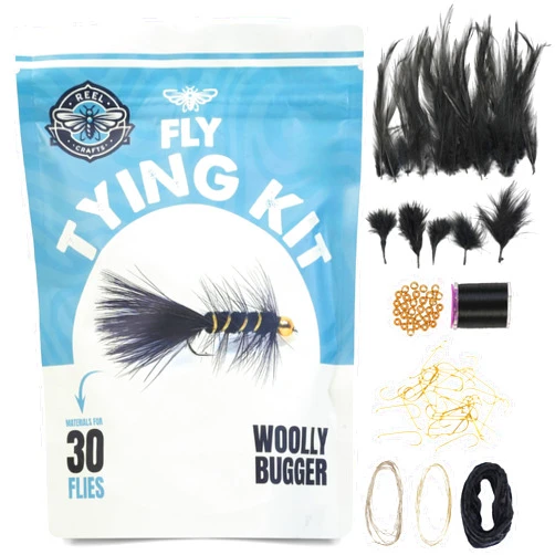 Reel Crafts Fly Tying Kit for 30 Black Woolly Bugger Flies – Premium Fly Tying Materials, Black Hackle & Marabou Feathers, Ideal for All Skill Levels, Perfect for Fly Tying and Fly Fishing Trout, Bass, & Panfish