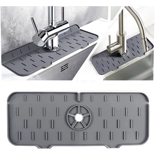 JHFY Kitchen Faucet Sink Splash Guard, Silicone Faucet Water Catcher Mat – Sink Draining Pad Behind Faucet, Rubber Drying Mat for Kitchen & Bathroom Countertop Protect (Grey)