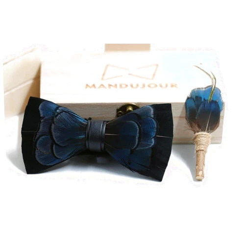 Mandujour Black Blue Pheasant Feather Bow Ties and Lapel Pin set - Mandujour Handmade Feather Bowties