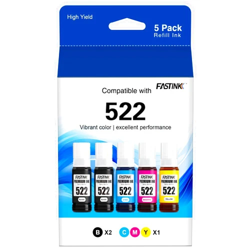 FASTINK Compatible Epson T522 Refill Ink Bottle,High Capacity,5 Pack,Work with EcoTank ET-2720, ET-2800,ET-2803,ET-4800,ET-4700 Printer for Epson 522 Ink Bottle Refill Combo