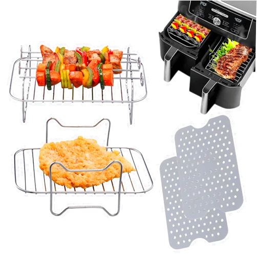 Xiongrida Dual Zone Air Fryer Accessories, 2pcs Air Fryer Rack with 2pcs Reusable Silicone Air Fryer Liners Compatible with Ninja Foodi Air Fryer DZ201, DZ401,4pcs Double Basket Air Fryer Accessories