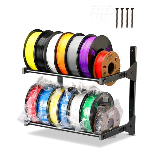 AHOWPD Wall Mount Filament Storage Rack- Wall Mount 3D Printer Filament Storage Rack 2 Tier Filament Spool Holders Racks, Heavy Duty Metal Shelf for PLA/ABS/TPU, Filaments Organzied (Black)