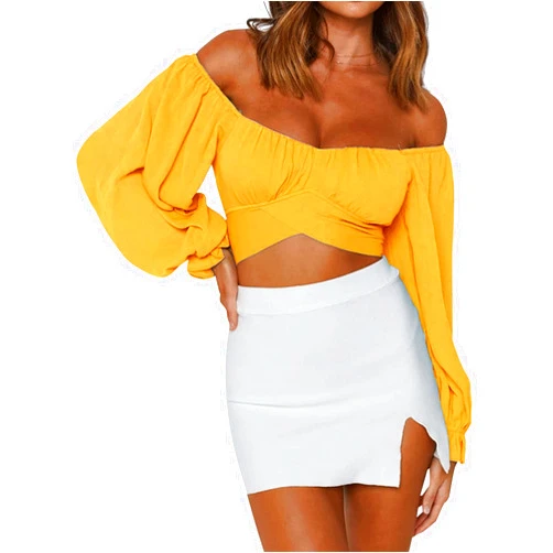 LYANER Women's Cute Off Shoulder Long Sleeve Self Tie Knot Crop Tube Top Blouse
