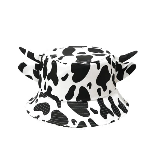 QANQIUPLE Cow Print Bucket Hat with Cute Horn Ears Cow Print Summer Beach Sun Hat Fisherman's Cow Bucket Hat