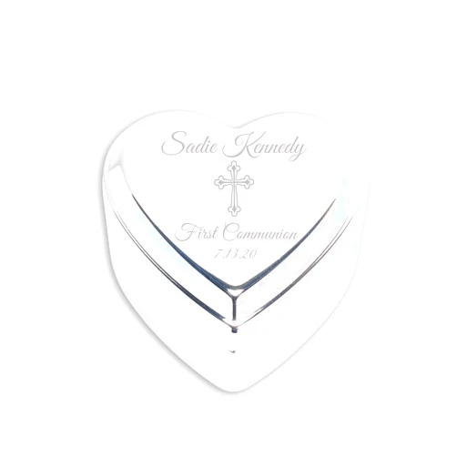 Cherished Moments Personalized Heart Jewelry Keepsake Box with Custom Engraved Cross and Name for First Communion Gift for Girls, Silver Toned