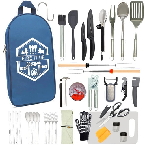 BOMKI Grilling and Camping Cooking Utensils Set for The Outdoors BBQ - Camping Utensil Set Camping Kitchen Set Cookware Accessories Camping Essentials Camping Stuff Camp Cooking Set (Blue Pro)