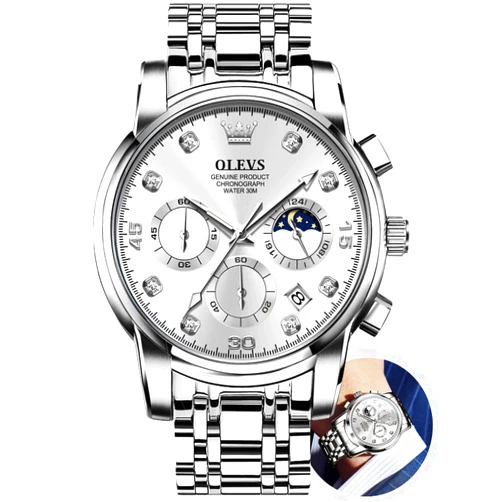 OLEVS Watch Men,Men's Stainless Steel Large Watch, Big Face Casual Analog Quartz Two Tone Easy to Read Watch for Men, Dress Luxury Waterproof Silver/Black/Blue/Gold Dial