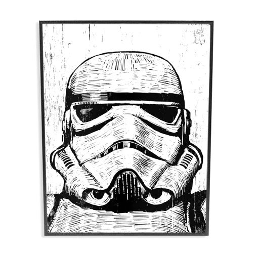 Stupell Industries Black and White Star Wars Stormtrooper Distressed Wood Etching Framed Giclee Art Design By Artist Neil Shigley