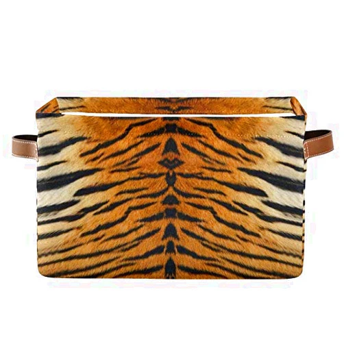 AUUXVA SEULIFE Animal Tiger Leopard Print Foldable Storage Basket, Large Collapsible Organizer Storage Bin Cube Toys Storage Boxes with Handles for Bathroom Kids Nursery Closet Storage, 1 Pack