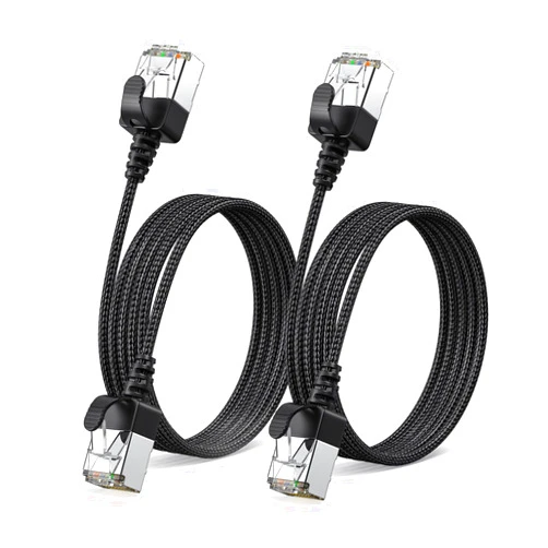 JUXINICE 2Pack Nylon Braided Cat6a Ethernet Cable-Black,Ultra Slim Cat6 Ethernet Patch Cable 10FT, Right Angle cat7 Ethernet Cable Thin RJ45 Network Cable,Backward Compatible with Cat6/Cat 5e/Cat5
