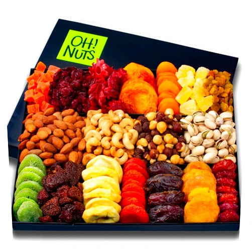 Oh! Nuts Dried Fruit and Nut Gift Basket - XL 18 Variety Gourmet Assorted Fruits and Nuts Gift Baskets - Holiday Gift Box - Food Snack Box for Birthday, Corporate - Gift for Men, Women