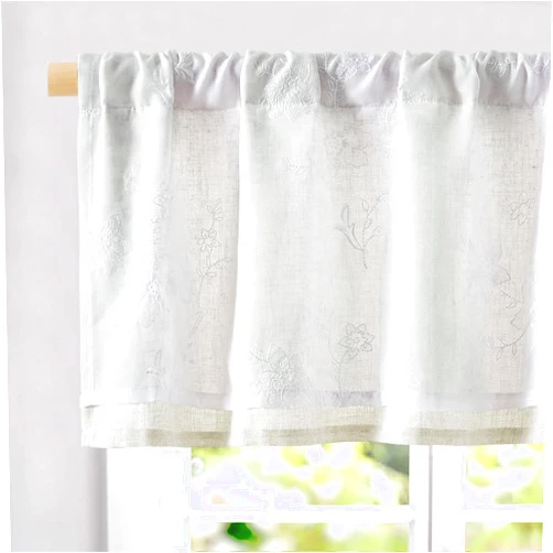 jinchan Floral Valance White Embroidered Kitchen Curtain Sheer Voile Linen Double Layer Valance for Living Room Botanic Farmhouse Rustic Country Light Filtering Curtain 18 Inch Rod Pocket 1 Panel