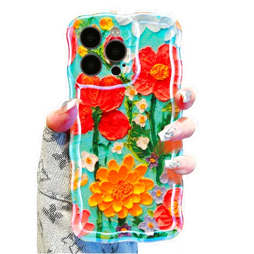 UEEBAI Case for iPhone 14 Pro Max, Colorful Retro Oil Painting Flower Case Pretty Glossy Pattern Wave Cover Cute Sparkly Floral Curly Cover Stylish Shell for Women Girl, Blue Flower