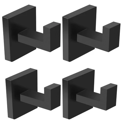 IBosins 4 Pack Towel Hooks Hand Towel Holder for Bathroom Wall Livingroom Bedroom Kitchen Closet Heavy Duty Stainless Steel Hook Hanger for Robe, Bath Towel, Coat (Square Matte Black)
