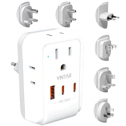 VINTAR Universal Travel Adapter Kit, VINTAR PD 35W International Power Adapter with 3 USB Ports (2 USB C) & 4 AC Outlets, Type A,C,G,D,I,M Swap&Adapt Attachments, Adapter for US/EU/UK/India/AUS/Africa