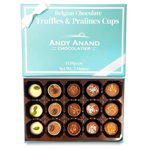 ANDY ANAND CHOCOLATIER Andy Anand’s 15 Pc Belgian Chocolate Truffles & Praline Cups - Crafted with Fresh Cream, Gift Boxed, All-Natural, No Preservatives, Chemical-Free - Unbelievably Delicious Gourmet Delight