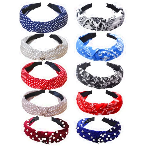 HUANMAYE Boho Headbands for Women 10 Pack Fashion Knotted Turban Headbands Pearl Velvet Top Knot Hair Accessories for Women Girls Ladies Diademas Para Mujer de Moda (Cashews)…