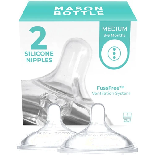 Mason Bottle Medium Flow Nipples (3–6 Months) – Silicone Baby Bottle Nipples, Fits Any Regular-Mouth Mason Jars – Wide Natural Shape, BPA-Free, Non-Toxic, Made in USA (2-Pack)
