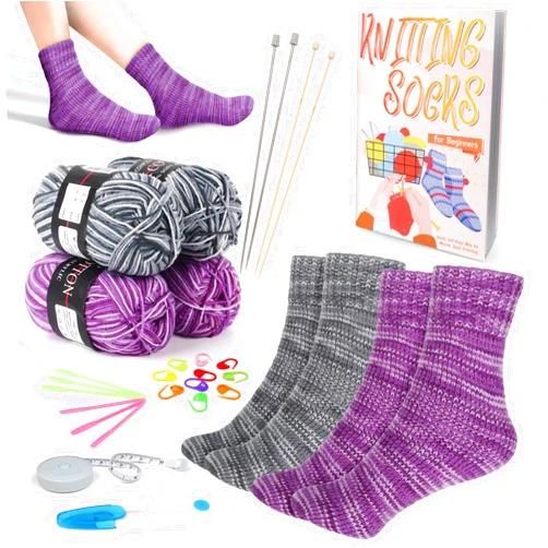 Coopay Knitting Kit Beginners for Socks, Knitting Starter Kit with Instructions & Yarn, Knitting Needle Set Easy Learn to Knit Various Sizes Sock Knitting Set for Adults/Teenagers (Gray & Purple)
