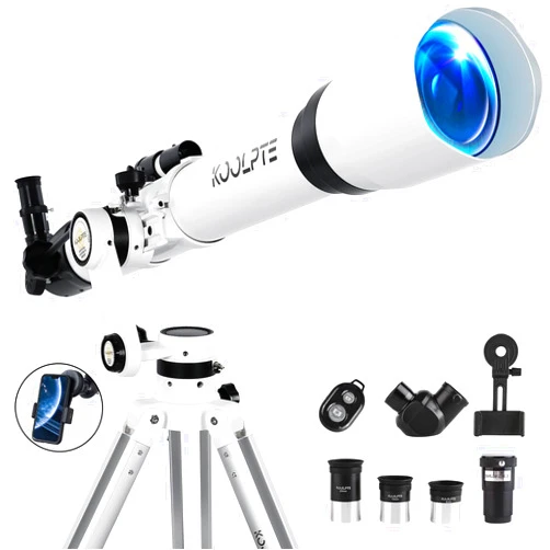 Koolpte Telescope 90mm Aperture 900mm - Vertisteel AZ Mount Base, High Precision Adjustment, Magnification 45-450x, Wireless Remote, Phone Adapter - Ideal for Astronomy Enthusiasts and Beginners (White)
