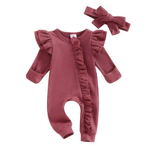 FYBITBO Infant Baby Girl Clothing Waffle Knit Romper Ruffle Jumpsuit Zipper Onesie Outfit Newborn Coming Home Clothes