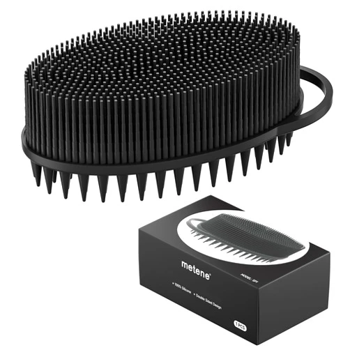 Metene Silicone Exfoliating Body Scrubber with Loop, Body Scrubber for Men and Women, Silicone Loofah for Shower, Soft Silicone Body Scrubber for Shower and Bath Skincare Routine(Black
