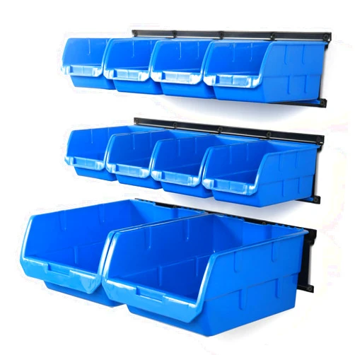 Wallmaster Wall Mounted Storage Bins, Wall Storage Bins Parts Rack 10 Bins&3 Rails Wall Mount Tool Organizer Hardware Storage Organizer (Blue)