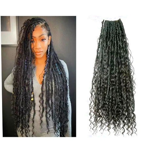 LUFFYWIG Boho Locs Pre-Looped Crochet with Body Wave Virgin Human Hair Curls Goddess Locs Curly Long hair extension For Women Natural Color 2Packs/48Locs 22 Inch, 48strands