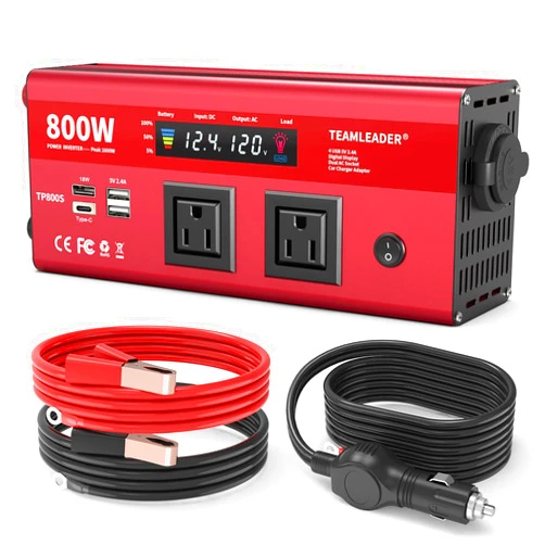 TEAMLEADER 800W Power Inverter 12V DC to 110V AC for Car, Vehicles, RV, Truck, Outdoor, Converter with Dual AC Power Outlets, Four USB Ports and Thicken Cables, 12V Battery Solar Inverter Inversor