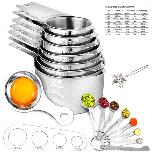 NEW ERA CREATORS Stainless Steel Measuring Cups and Spoons Set of 19 Pieces - 7 Nesting Cups and 7 Stackable Spoons - Durable Professional Portable Kitchen Measuring Kit for Liquid Wet and Dry Ingredients