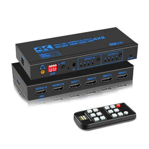 Avedio links 4K@60Hz HDMI Matrix Switch 4X2 with ARC, avedio links 4 in 2 Out Matrix HDMI Video Switcher Splitter + Optical & 3.5mm Stereo Audio, Scaler 4K 1080P Synch, HDMI Audio Extractor with IR Remote Control